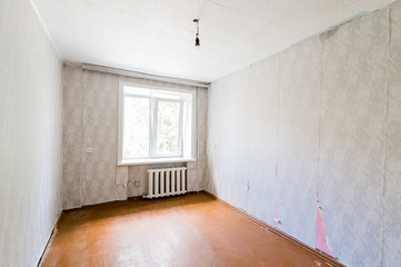 Russia, Moscow- July 08, 2019: interior room apartment. standard repair decoration in hostel. old not modern decor