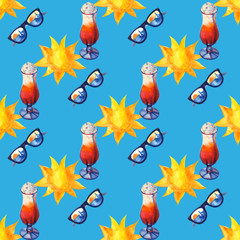 Watercolor tropical seamless pattern with sunglasses and cocktail. Hand drawing decorative background. Print for textile, cloth, wallpaper, scrapbooking