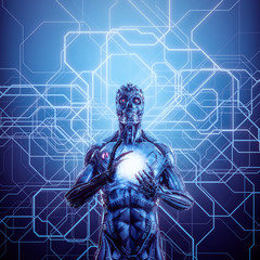 Demon in the matrix / 3D illustration of futuristic science fiction skull faced humanoid cyborg cradling ball of energy