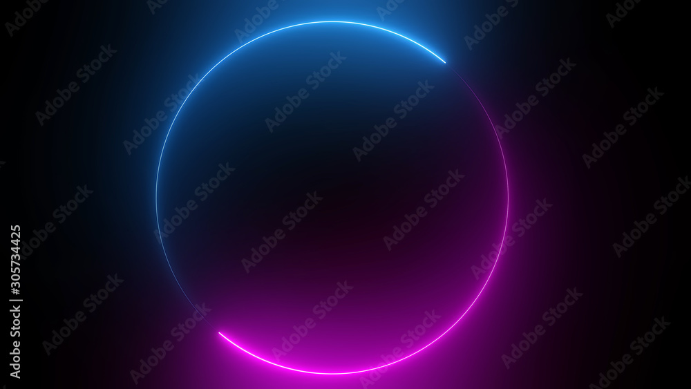 Poster 3d rendering of an abstract bright neon round frame. laser technology background design