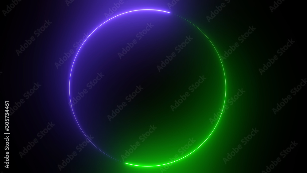 Poster 3d rendering of an abstract bright neon round frame. laser technology background design