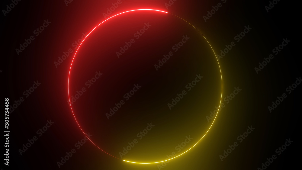 Poster 3d rendering of an abstract bright neon round frame. laser technology background design