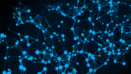 Modern background of dots connected by lines of blue colors with blurred black background