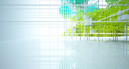Abstract white and colored gradient glasses interior from array cubes with large window. 3D illustration and rendering.