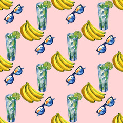 Watercolor tropical seamless pattern with sunglasses. Hand drawing decorative background. Print for textile, cloth, wallpaper, scrapbooking