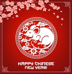 Happy Chinese New Year, 2020 year of rat zodiac sign, vector hieroglyph greetings. Chinese New Year holiday symbols of sakura cherry blossom, stars, flowers and clouds pattern on red background