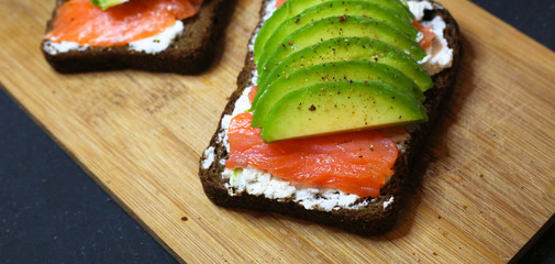 Salmon and avocado toast on white plate on grey background.