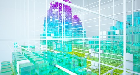 Abstract white and colored gradient glasses interior from array cubes with large window. 3D illustration and rendering.