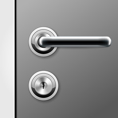 Modern door handle and keyhole for flat key - doorknob on locked door - obrazy, fototapety, plakaty
