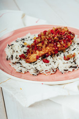 Oven Baked Chicken With Red, Yellow Pepper And Rice