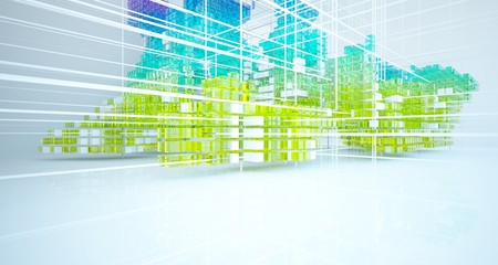 Abstract white and colored gradient glasses interior from array cubes with large window. 3D illustration and rendering.
