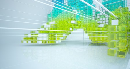 Abstract white and colored gradient glasses interior from array cubes with large window. 3D illustration and rendering.