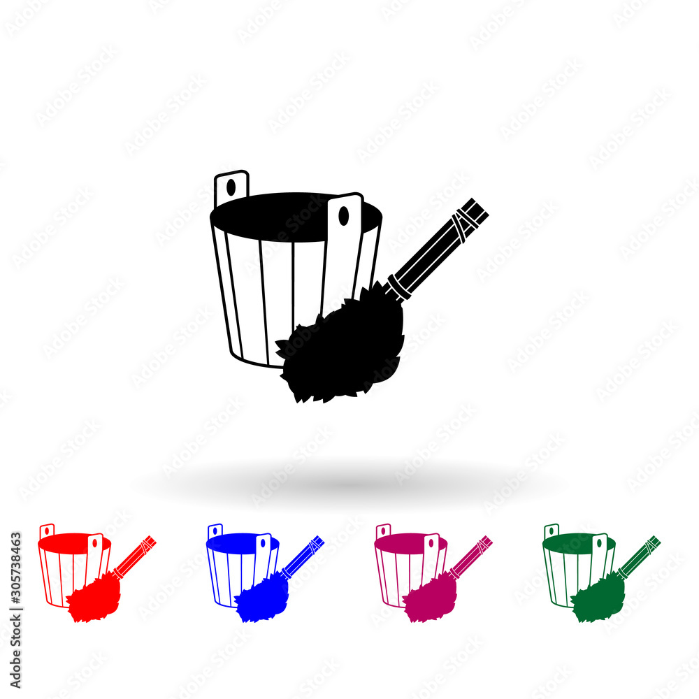 Poster bucket with broom for bath multi color icon. simple glyph, flat vector of russia icons for ui and ux
