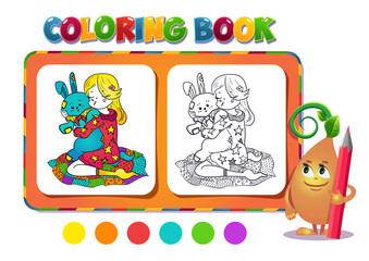 Coloring book girl with a toy