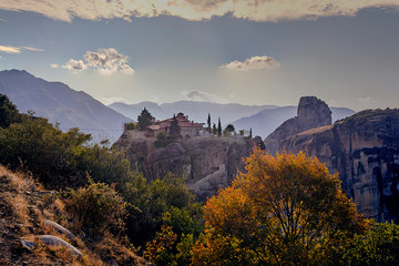 Amazing monasteries on the rocks in Meteora, Greece. Holy Trinity monastery view