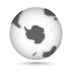 Fototapeta na wymiar Globe icon gray on white with smooth vector shadow and map of the continents in the south hemisphere. Antarctica continent. Vector illustration