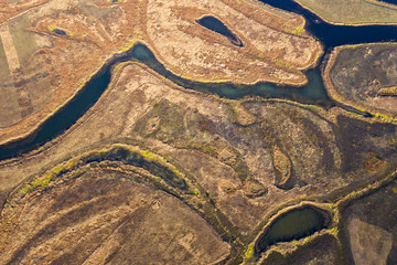 Aerial view of river flood. Beautiful flooded meadow.