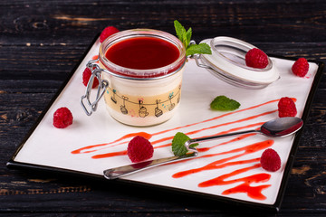 Panacota with raspberry and fresh mint