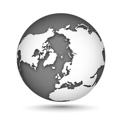 Globe set gray and white, vector icons Earth with outline continents. White continent and gray water. North Pole. Vector illustration