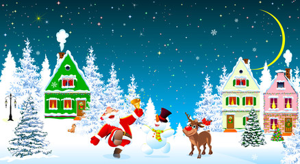 Santa Claus snowman deer celebrate Christmas. Santa Claus, snowman and deer in the night of Christmas, on the background of houses and forest. Snow covered houses and trees. Snow, snowflakes. Stars an