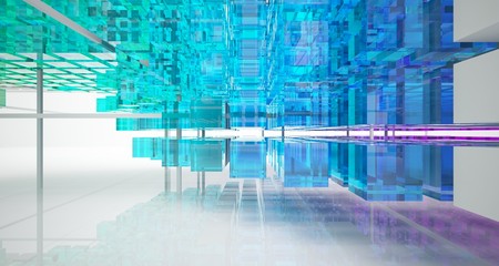 Abstract white and colored gradient glasses interior from array cubes with large window. 3D illustration and rendering.