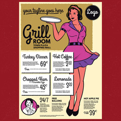 Vintage diner poster menu template. Retro waitress with a tray. 