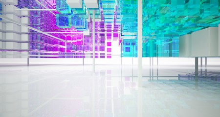 Fototapeta premium Abstract white and colored gradient glasses interior from array cubes with large window. 3D illustration and rendering.