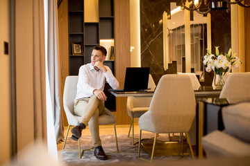 Fototapeta premium Young man sitting in a luxurious room in front of a laptop computer