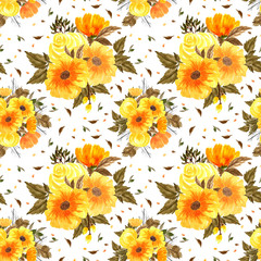 floral seamless pattern with bouquet of orange flowers