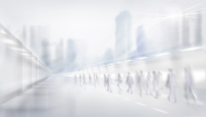 People walking down the city street. Town with skyscrapers. Traffic. In the background a blurred panorama of the center city. Vector illustration.