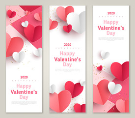 Valentine's day concept, vertical banners set. Vector illustration. 3d red and pink paper hearts frame. Cute love sale banner or greeting card - obrazy, fototapety, plakaty