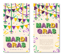 Mardi Gras vertical banner with typography design. Vector illustration with retro light bulbs font, streamers, confetti and hanging garlands - obrazy, fototapety, plakaty