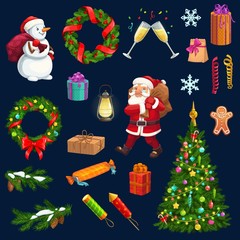 Christmas vector icons of Xmas and New Year winter holidays design. Christmas tree, snowman and Santa with gift bags, candy, present boxes and snowflakes, wreath of pine and holly with balls, ribbons