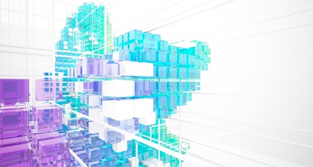 Abstract white and colored gradient glasses interior from array cubes with large window. 3D illustration and rendering.