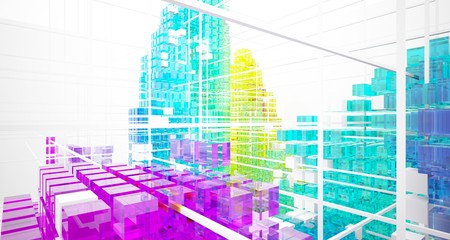 Abstract white and colored gradient glasses interior from array cubes with large window. 3D illustration and rendering.