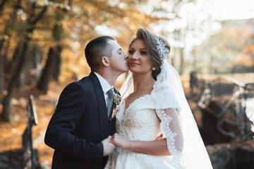 The groom kisses the bride's cheek. Newly wed couple going crazy. Groom and bride together. Elegant bride and groom posing together outdoors. Cheerful wedding couple hugs. Autumn wedding