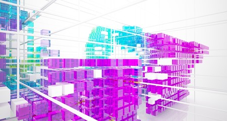 Abstract white and colored gradient glasses interior from array cubes with large window. 3D illustration and rendering.