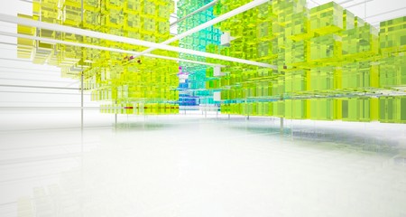 Abstract white and colored gradient glasses interior from array cubes with large window. 3D illustration and rendering.