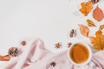 Autumn or Winter concept with pine and maple leaves, coffee cup , cinnamon, and scarf, Flat lay, top view.