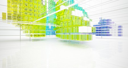 Abstract white and colored gradient glasses interior from array cubes with large window. 3D illustration and rendering.