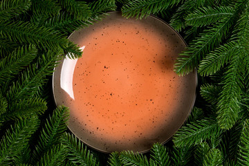 Top view holiday plate among green fir tree branches. Christmas dinner with copy space