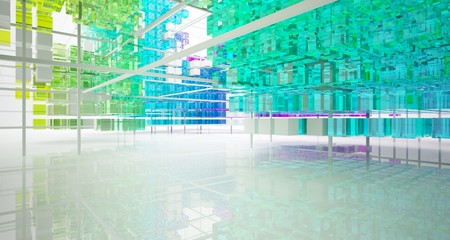 Abstract white and colored gradient glasses interior from array cubes with large window. 3D illustration and rendering.