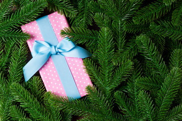 Top view of Christmas gift box on fir tree background. Time for holiday concept with copy space