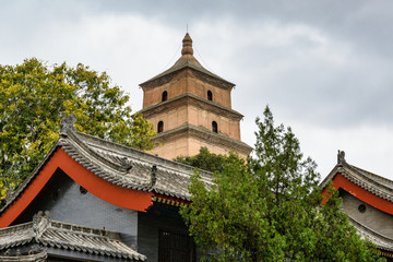 Giant Wild Goose Pagoda in Xi'an, China on a cloudy day