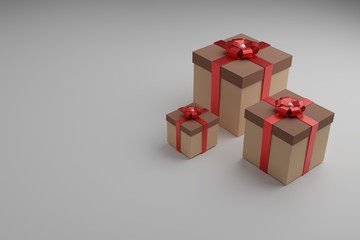 Gift boxes with shiny ribbons and bow. Festive packaging, minimalistic design for postcards or advertising stores.