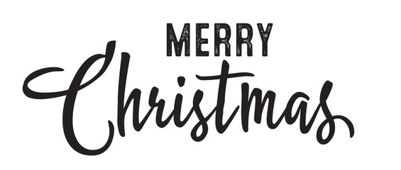 Merry Christmas Banner. Xmas handwritten lettering. Greeting card header for poster, invitation, flyer. Black vintage script typography for winter holidays. Happy New Year celebration.