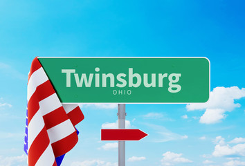 Twinsburg – Ohio. Road or Town Sign. Flag of the united states. Blue Sky. Red arrow shows the direction in the city. 3d rendering