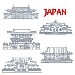 Japanese travel landmark vector icons. Shingon Buddhist temple Gokoku-ji, Imperial Shrine of Yasukuni and Zen Buddhist Sengaku-ji Temple, Kanda Myojin Shrine and Confucian temple Yushima Seido