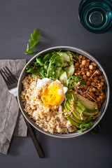 quinoa bowl with egg, avocado, cucumber, lentil. Healthy vegetarian lunch