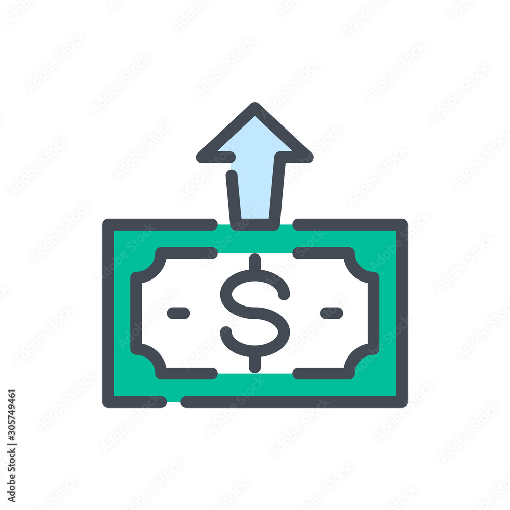 Aufkleber send money color line icon. dollar note with arrow up vector outline colorful sign.